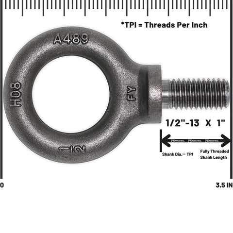 Nine Pack 1/2-13 Eye Bolts, 1 Inch Long, forged carbon steel eyebolt with threaded shank, ASME compliant
