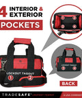 Heavy Duty Lockout Tagout Bag with 4 pockets, red and black durable canvas, designed for industrial safety use.