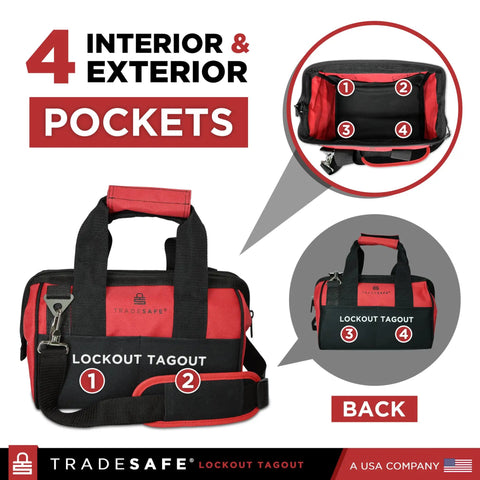 Heavy Duty Lockout Tagout Bag with 4 pockets, red and black durable canvas, designed for industrial safety use.