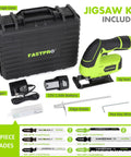 Badass 12V Cordless Jigsaw Kit With 10 Durable Alternating Teeth Blades And Precision Edge Guide with battery and charger.