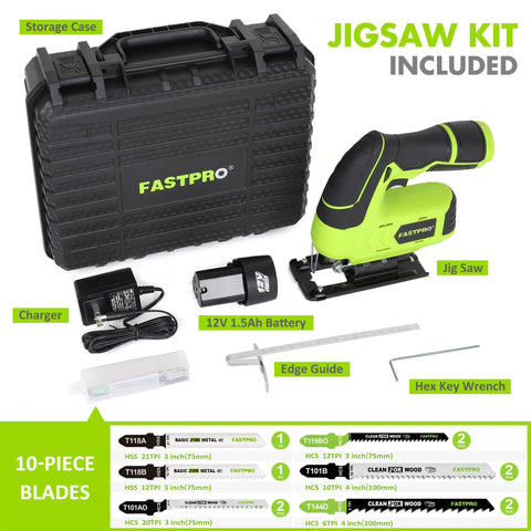 Badass 12V Cordless Jigsaw Kit With 10 Durable Alternating Teeth Blades And Precision Edge Guide with battery and charger.