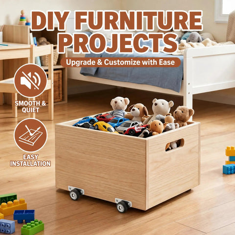 Twenty Pack Small Side Mount Caster Wheels With Silent Smooth Rolling Motion For Drawer Cabinet Upgrades in use on toy storage box.
