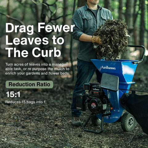 Person using Beast Mode Heavy Duty Wood Chipper Shredder Mulcher Three In One 7 Horsepower Yard Cleanup Power Tool with top hopper in garden.