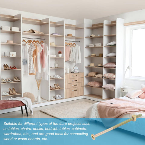 Modern bedroom closet with M6 X 120mm bunk bed bolts kit in zinc color displayed for assembling wooden furniture.