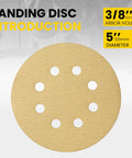 Top Tier 5 Inch Hook And Loop Sanding Discs With 40 To 1000 Grit Assorted Aluminum Oxide Pads Perfect For Random Orbital Sanders And Heavy Duty Woodworking Projects That Need That Smooth Finish Today. 5 inch sanding disc with 8 holes and 3/8 inch arbor hole.