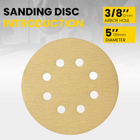 Top Tier 5 Inch Hook And Loop Sanding Discs With 40 To 1000 Grit Assorted Aluminum Oxide Pads Perfect For Random Orbital Sanders And Heavy Duty Woodworking Projects That Need That Smooth Finish Today. 5 inch sanding disc with 8 holes and 3/8 inch arbor hole.