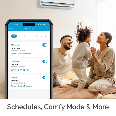 Family enjoying climate control features on Boss Level Smart Air Conditioner Controller With WiFi Thermostat phone app interface