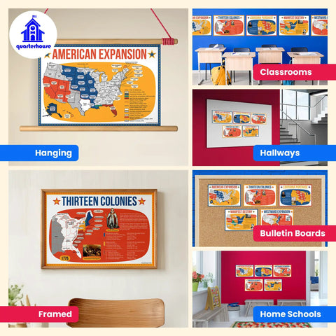 5 Poster Set On American Expansion In US History For Classrooms, A Must Have Way To Explore The Thirteen Colonies, Louisiana Purchase, Manifest Destiny, And Westward Expansion, 12 By 18 Inch Posters For K 12 Students And Teachers Made In USA showcased in various settings including classrooms, hallways, and home schools.
