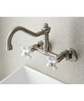Old School Vintage Style Wall Mount Kitchen Faucet in Brushed Nickel, Swivel Victorian Spout, double handle view.