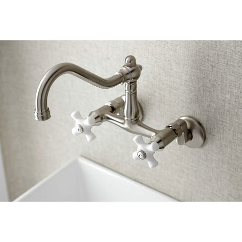 Old School Vintage Style Wall Mount Kitchen Faucet in Brushed Nickel, Swivel Victorian Spout, double handle view.