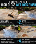 Image showing 4 steps for using Fresh High Gloss Wet Look Stone Sealer For Pavers And Concrete on stone patio.