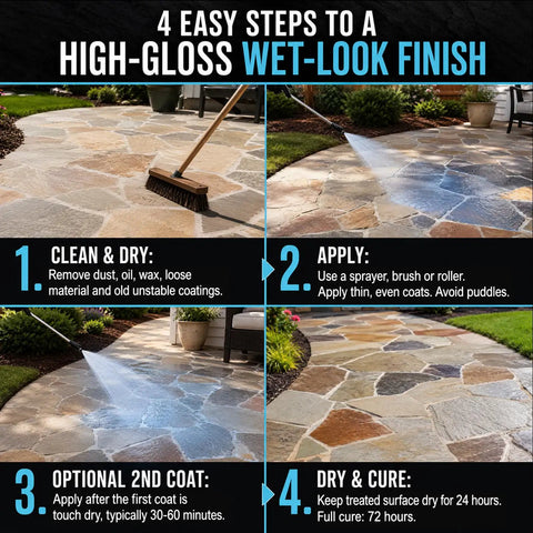 Image showing 4 steps for using Fresh High Gloss Wet Look Stone Sealer For Pavers And Concrete on stone patio.
