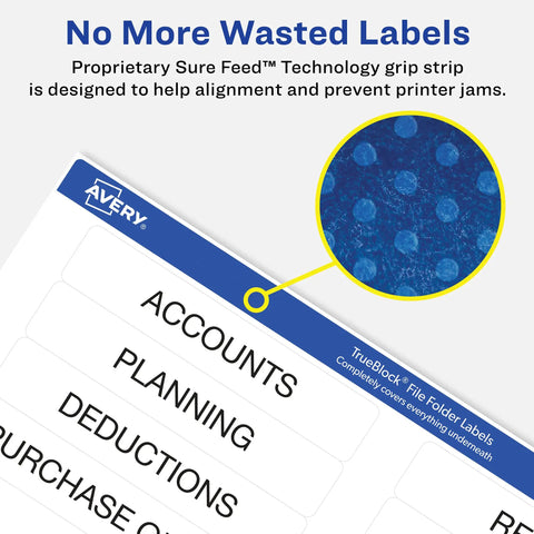 Top Shelf File Folder Labels Featuring Trueblock Coverage And Relentless Permanent Adhesive Engineered For Laser And Inkjet Printers Bulk White Sheets showing Sure Feed technology for alignment.