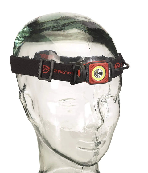 Dual Light Source USB Headlamp Twin Task 375 Lumen Hands Free Night Work Light With Tilt Head IPX4 Water Resistant mounted on display head