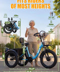 Dope Electric Trike For Adults With 998.4Wh Long Range Battery, 1200W Peak Motor, Foldable Three-Wheel Frame, Butterfly Handlebar For Upright Comfort, 20x4.0 Fat Tires, Storage Bags, Blue shown with rider height and dimensions