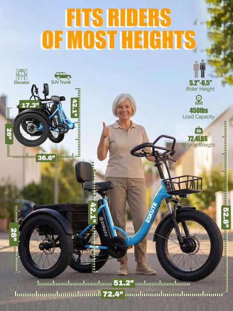 Dope Electric Trike For Adults With 998.4Wh Long Range Battery, 1200W Peak Motor, Foldable Three-Wheel Frame, Butterfly Handlebar For Upright Comfort, 20x4.0 Fat Tires, Storage Bags, Blue shown with rider height and dimensions