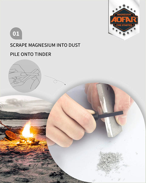 Using the AF-374 Two Pack Magnesium Fire Starter With Waterproof Fire Steel Pouch to create a dust pile for ignition.