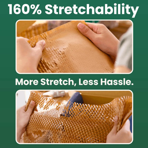 Bubbleless Packing Paper Alternative 12 Inch By 230 Foot Roll With Honeycomb Cushioning For Moving And Shipping shown stretching