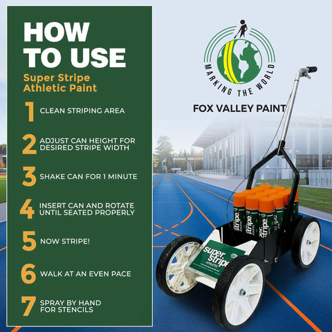 Game Day Ready Athletic Field Line Marking Paint Kit Including Twelve Cans Of Bright Orange Coating Matched With A Straight Shot Striping Machine for usage instructions.