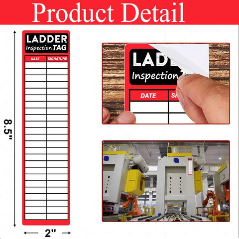 Heavy Duty Red Ladder Inspection Labels 120 Pack adhesive stickers, 8.5x2 inches, used for job site safety checks.