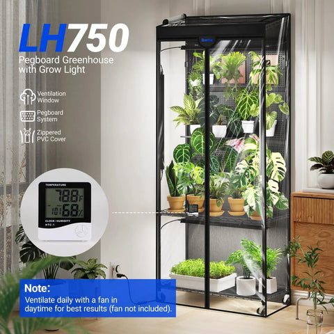 LH750 Pegboard Indoor Greenhouse With Grow Light For Seedlings And Foliage Plants, 90W 5000K Full Spectrum Lamps, 3 Adjustable Pegboards, Timer, Wheels, DIY Plant Cabinet For Your Home Grow
