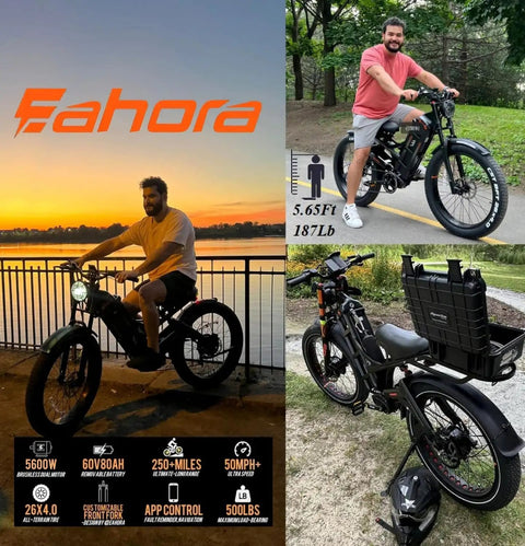 Heavy Duty 5600W Dual Motor Electric Bike For Adults parked at sunset, showing 26X4 fat tires and full suspension features.