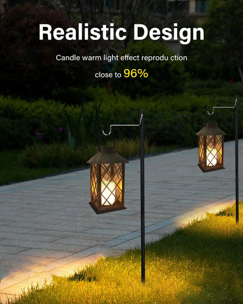 Outdoor Solar Lanterns 2 Pack 14 Inch Waterproof LED Hanging Lights With Flickering Flameless Candle illuminating garden path.