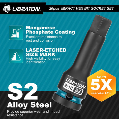 Impact Hex Bit Socket Set Half Inch Drive S2 Alloy Steel 20 Piece Metric And SAE with laser-etched size mark and coating