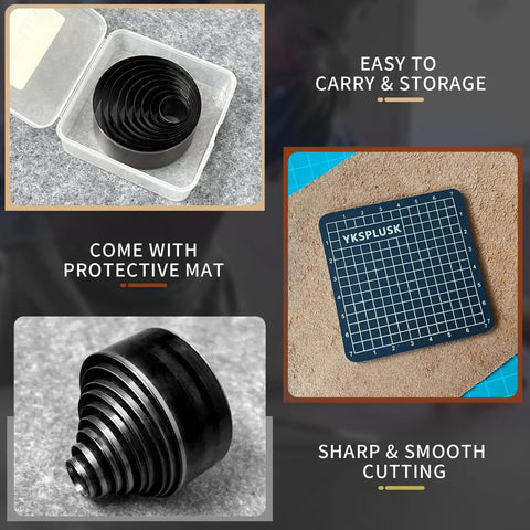 Dope Leather Circle Cutter Kit With 21 Piece Circle Punch Tools From 1mm To 55mm, shown in case with mat and steel punches.