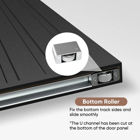Close-up of bottom roller for 36X84 Inch Black Wood Sliding Barn Door With Concealed Tracks And Soft Close Hardware Kit