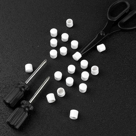 10Pcs White Door Stopper Rubber Tip Replacements 0.39 Inch Diameter Stoppers Stop Caps For Door Wall Protection Durable Rubber Cushions And Quiet Door Closing Fits Most Standard Door Stoppers scattered with tools