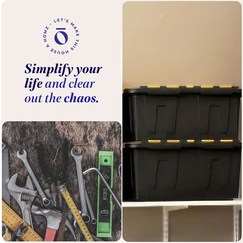 Heavy Duty Plastic Storage Bins With Lids 15 Gallon Black Yellow Six Piece Stackable Tote Set shown stacked on shelf