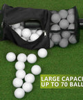 Portable Golf Ball Retriever Shag Bag With Removable Plastic Tube, shows open black bag with golf balls on green grass surface.