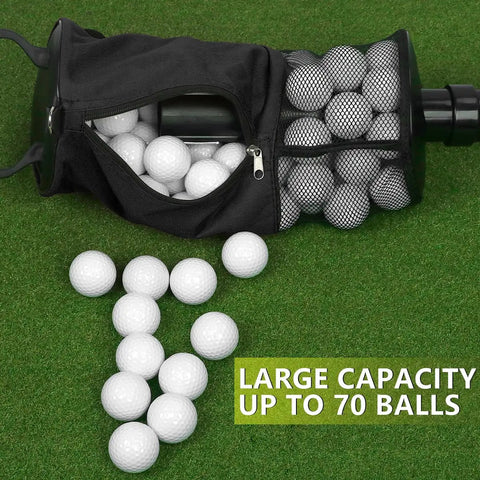 Portable Golf Ball Retriever Shag Bag With Removable Plastic Tube, shows open black bag with golf balls on green grass surface.