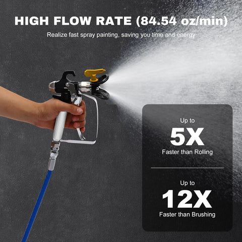 Pro Grade 1600W High Pressure Airless Paint Sprayer with high flow rate, showcasing fast spray painting in action.
