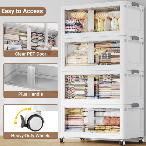 Straight Up Heavy Duty Storage Bins With Secure Lids Four Pack White Hella Spacious Plastic Containers For Garage Bedroom Big Time Organization Smooth Rolling Casters, showcasing organized linens in stacked containers.