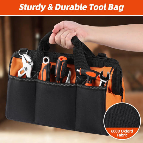Heavy Duty Tool Tote Bag 14 Inch With Thick Outer Pocket Waterproof Organizer And Adjustable Shoulder Strap, black and orange.