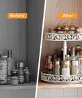 Before and after organization of spices on a 12 Inch 2 Tier Lazy Susan Turntable Organizer Adjustable Height.