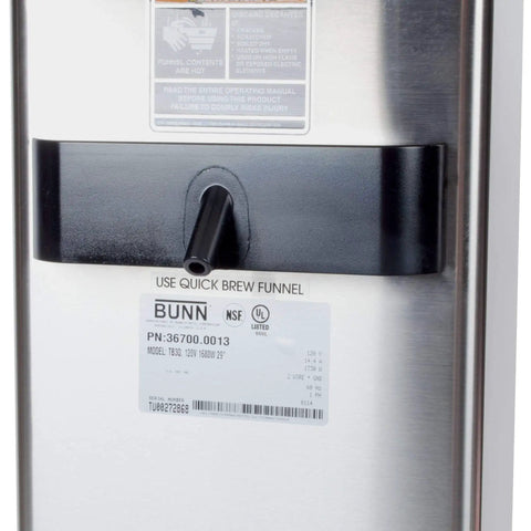 Back view of TB3Q 3 Gallon Iced Tea Brewer With Real Tea Leaves, Quickbrew For Faster Brews, part label and funnel spout visible