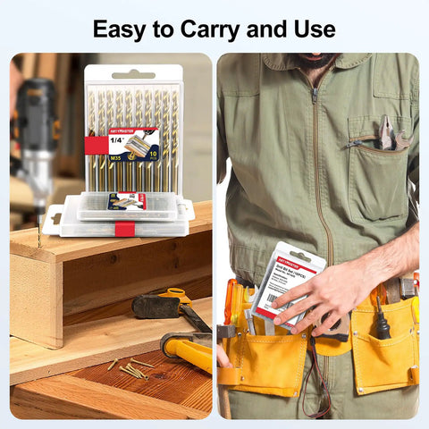 Badass M35 Cobalt Drill Bit Set Five Piece 3/8 Inch HSS Twist Bits For Cutting Stainless Steel Hardened Steel Cast Iron Wood Plastic Hella Tough Power Tools Gear stored beside a craftsman.