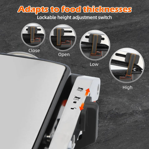 KEINVE 1700W Panini Press Grinder With Adjustable Temp And Time Controls For Perfect Melts Great Non Stick Coating showing height adjustment settings.