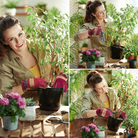Woman gardening with Leather Gardening Work Gloves For Women With Cowhide Leather And Double Stitched Seams Tough As Nails