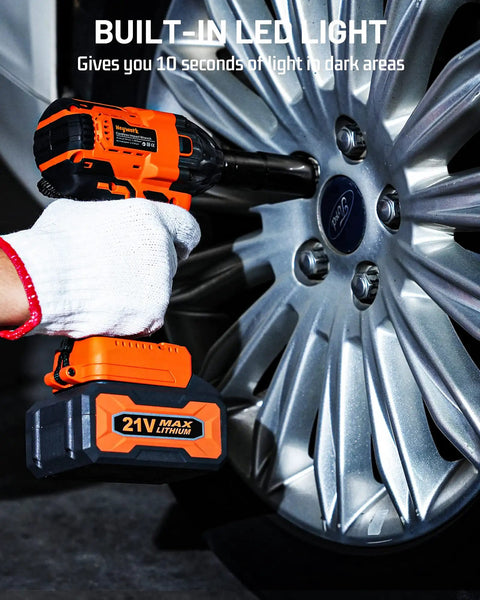 Cordless One Half Inch Impact Wrench Kit With 260 Ft Lbs Torque And 3700 RPM Beast Power 21V in use on car wheel