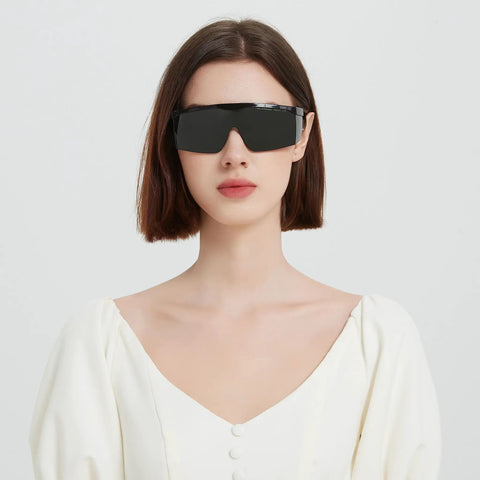 Wide Spectrum IPL Laser Safety Glasses Goggles 190Nm-2000Nm Eye Protection For Laser Hair Removal And Cosmetology Anti Fog Coating OD 2 Plus Low Visible Light Transmittance being worn by a woman, front view.