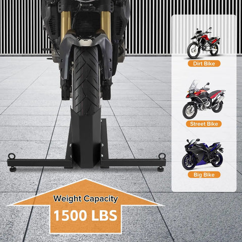 Front view of Heavy Duty Motorcycle Front Tire Chock For 15 To 30 Inch Wheels, Adjustable Wheel Stand With 1500 Lbs Capacity