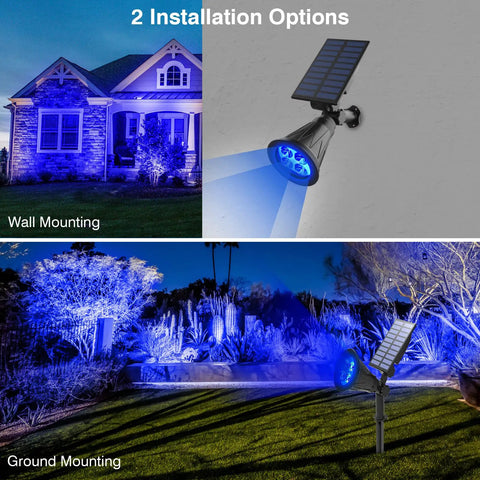 Blue Solar Spotlight Kit Outdoor Waterproof Garden Lights With Auto On Off And 180 Degree Adjustable Spotlight And Panel, 2 Installation Options