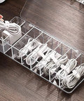 Clear White Cable Management Box With Eight Compartments And Lid Durable PS Plastic Desk Organizer For Cords And Chargers Dustproof Cover Includes Ten Wire Ties Keeps Your Power Cords Neat And Accessible.