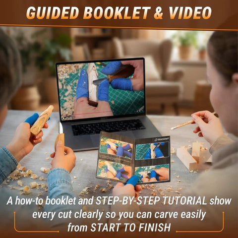 Beginner Friendly Whittling Kit With Wood Carving Tools And Wood Blocks, booklet and video tutorial on screen