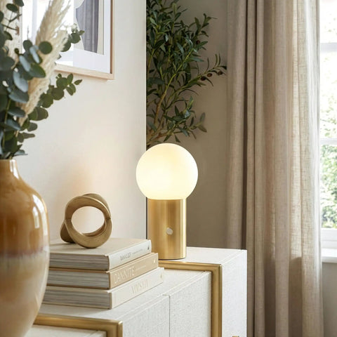 Kai LED Table Lamp With USB Port Tiny Bedside Reading Modern Desk Lamp Nightstand Light With Ambient Glow Vibe For Bedroom Living Room And Office Brass Finish Globe Shade