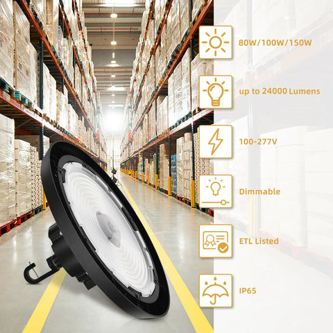 UFO LED High Bay Light 150W 24000LM 3 CCT Switchable 3500K 4000K 5000K 0 To 10V Dimmable 120 To 277V ETL Listed in warehouse
